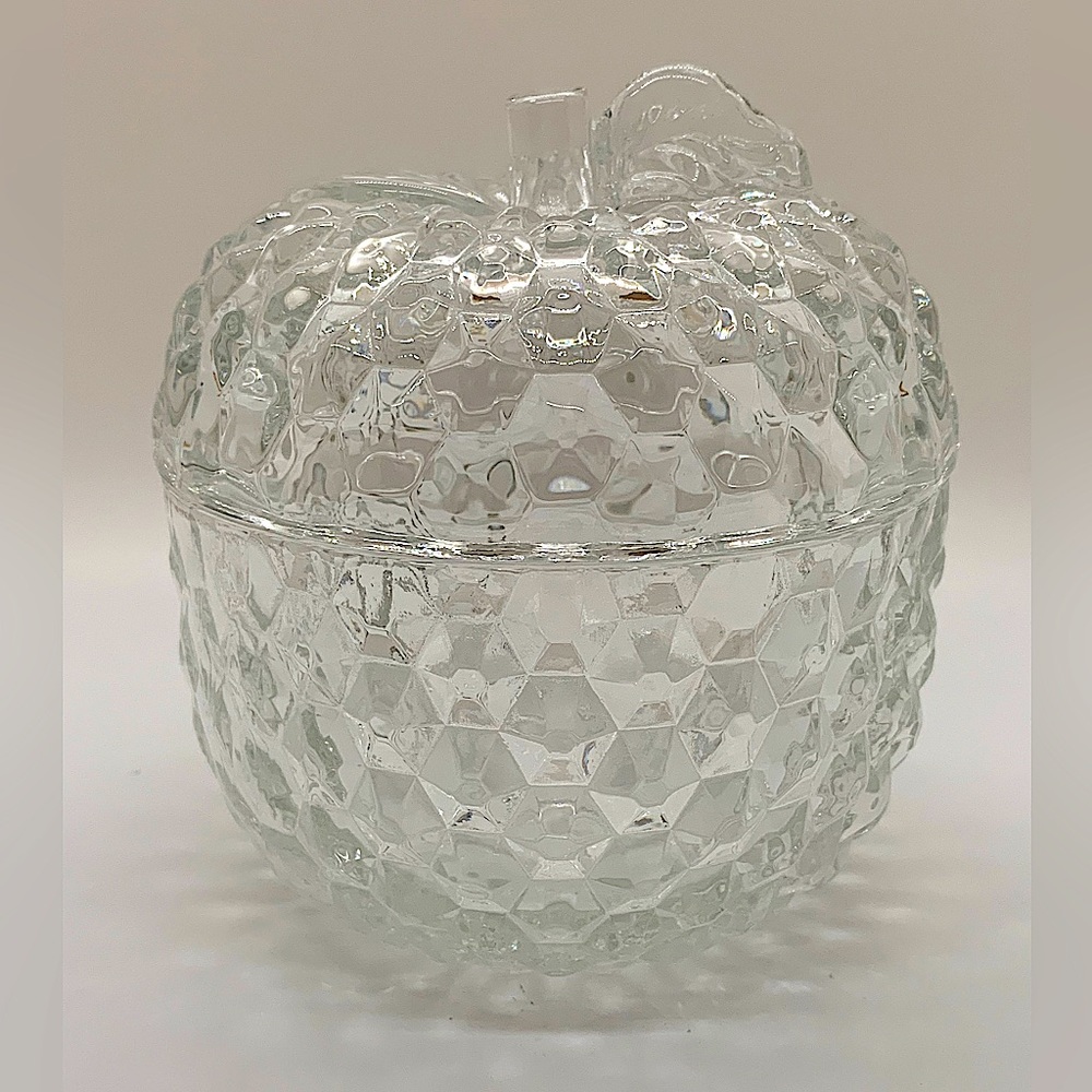 Vintage Clear Cut glass THE APPLE by Jeannette Candy Trinket Dish with lid
